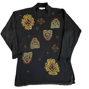 VNTG Arriviste Black, Beaded, Christmas, Gingerbread House, Turtleneck Sweater-L